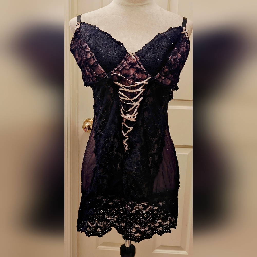 90s Tiffany's Closet Black & Pink Lace Sheer Mesh Lingerie Slip Dress w Lace Up
